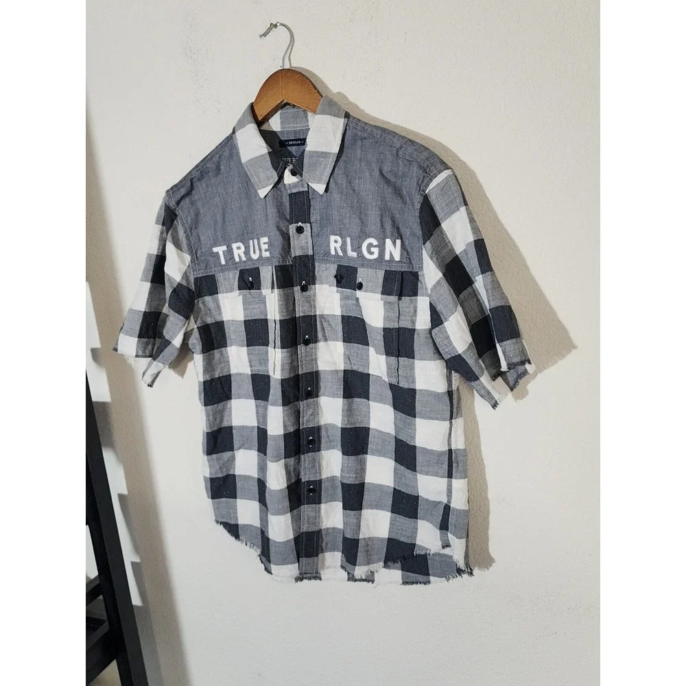True Religion Men Shirts Plaid Black Grey Checker Gray small new w tag. bin 32